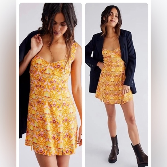 Free People Dresses & Skirts - FREE PEOPLE Sasha Mini Dress ORANGE YELLOW PINK  FLORAL Short SIZE S